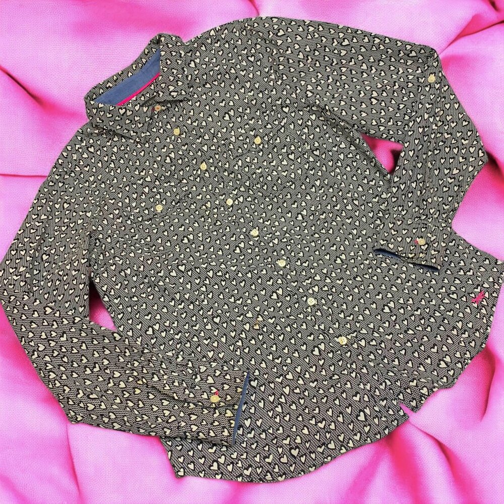 Talbots Black White Heart Print‎ Roll Tab Sleeve Button Down Shirt